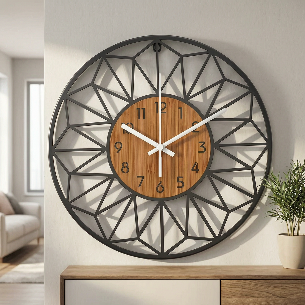 Reloj de pared de metal con centro de madera en el salón