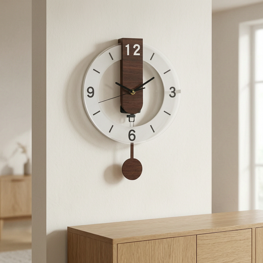 Reloj de pared con péndulo de acrílico y madera