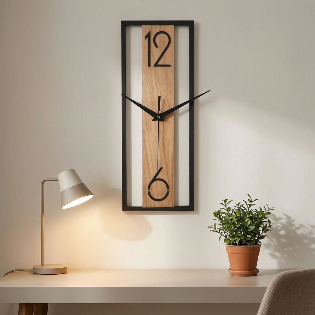 Reloj de pared rectangular sobre un escritorio
