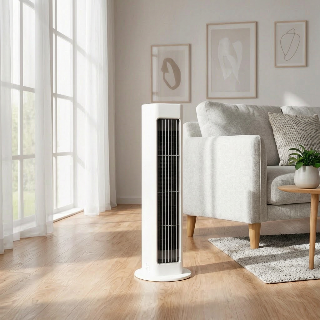 Ventilador de torre oscilante en el salón