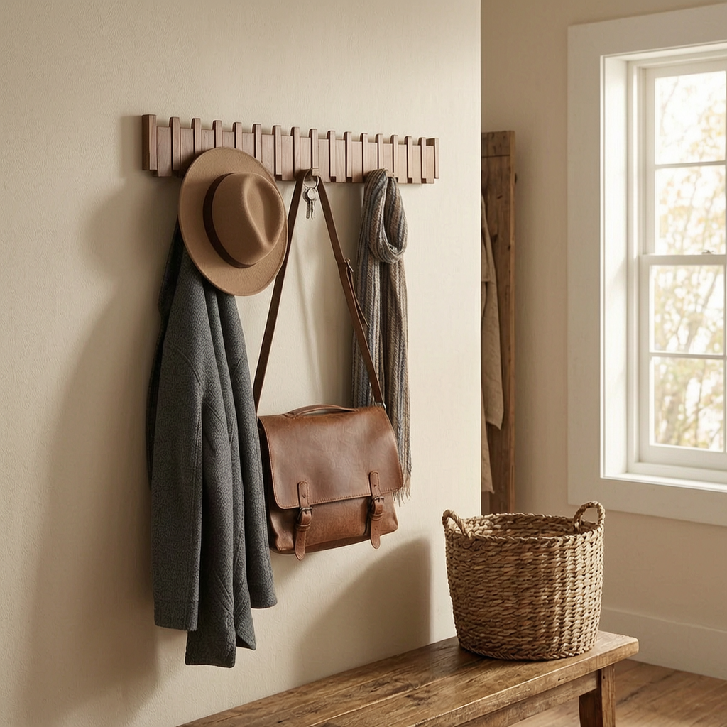 Perchero de pared decorativo de madera en la entrada