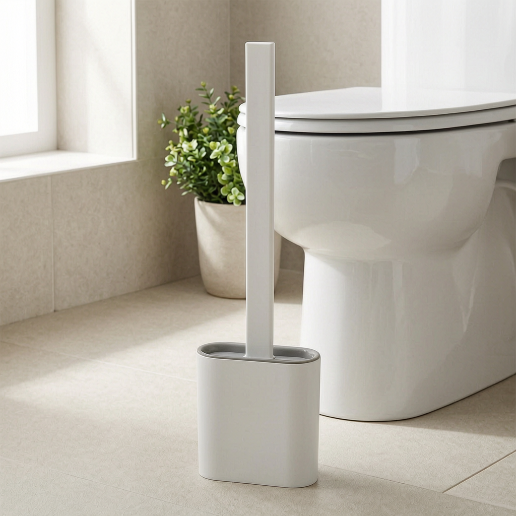 Escobilla de baño compacta con soporte junto al inodoro