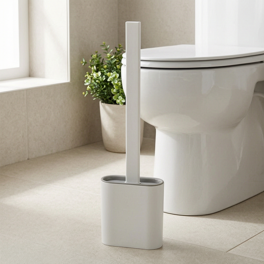 Escobilla de baño compacta con soporte junto al inodoro