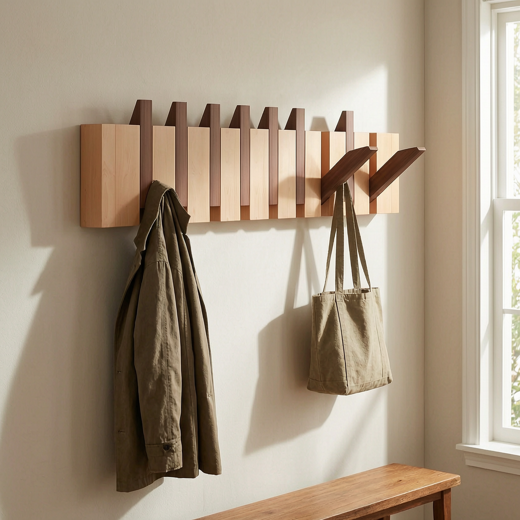 Perchero plegable de madera con paneles en la entrada