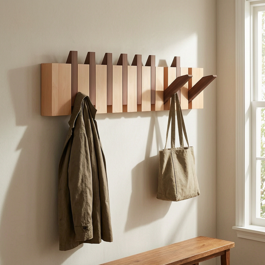 Perchero plegable de madera con paneles en la entrada
