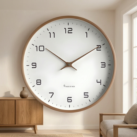 Reloj de pared redondo silencioso sobre un aparador