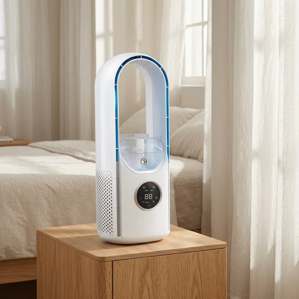 Ventilador sin aspas portátil en la mesilla