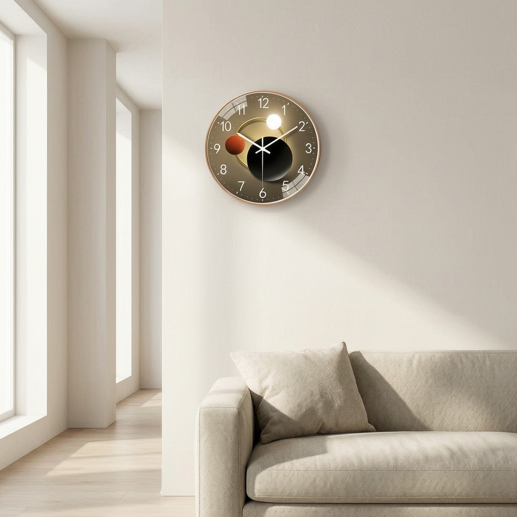Reloj de pared decorativo moderno sobre un sofá
