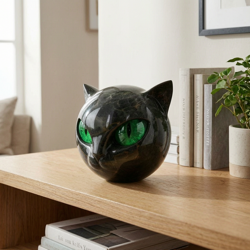 Escultura decorativa de gato en una estantería