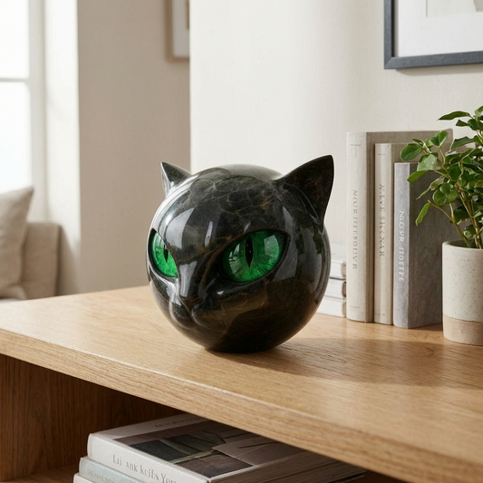 Escultura decorativa de gato en una estantería