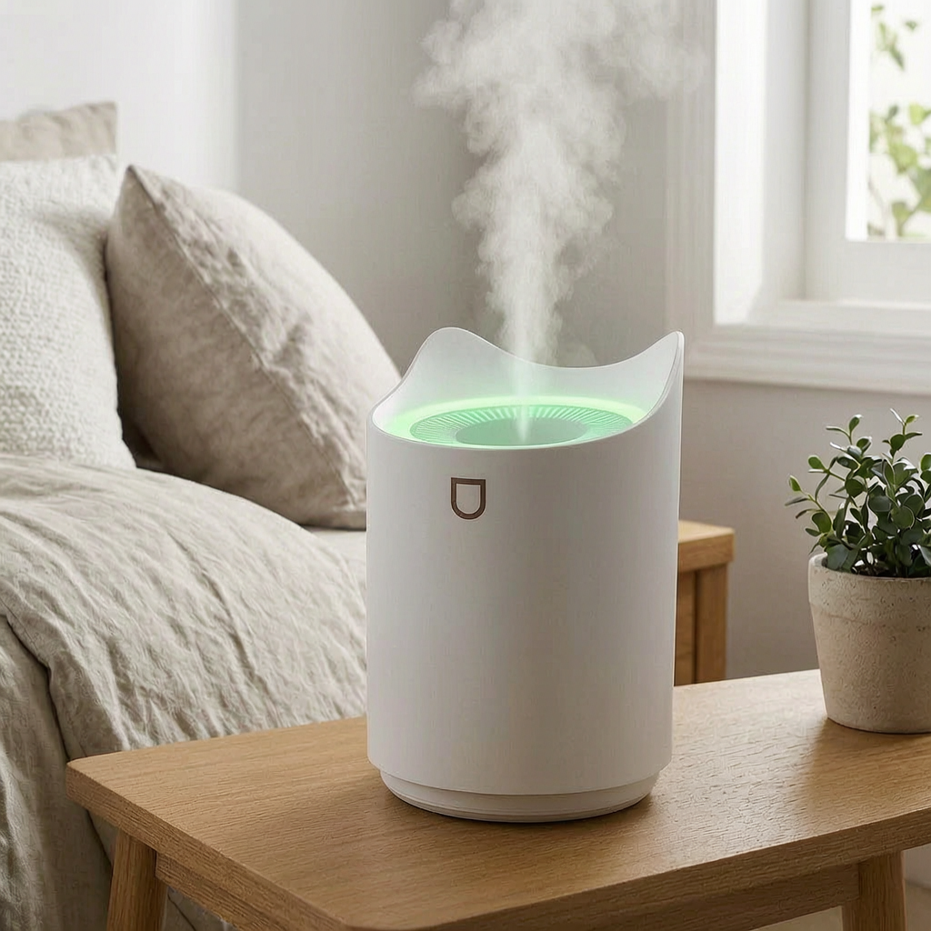 Humidificador ultrasónico en la mesilla del dormitorio