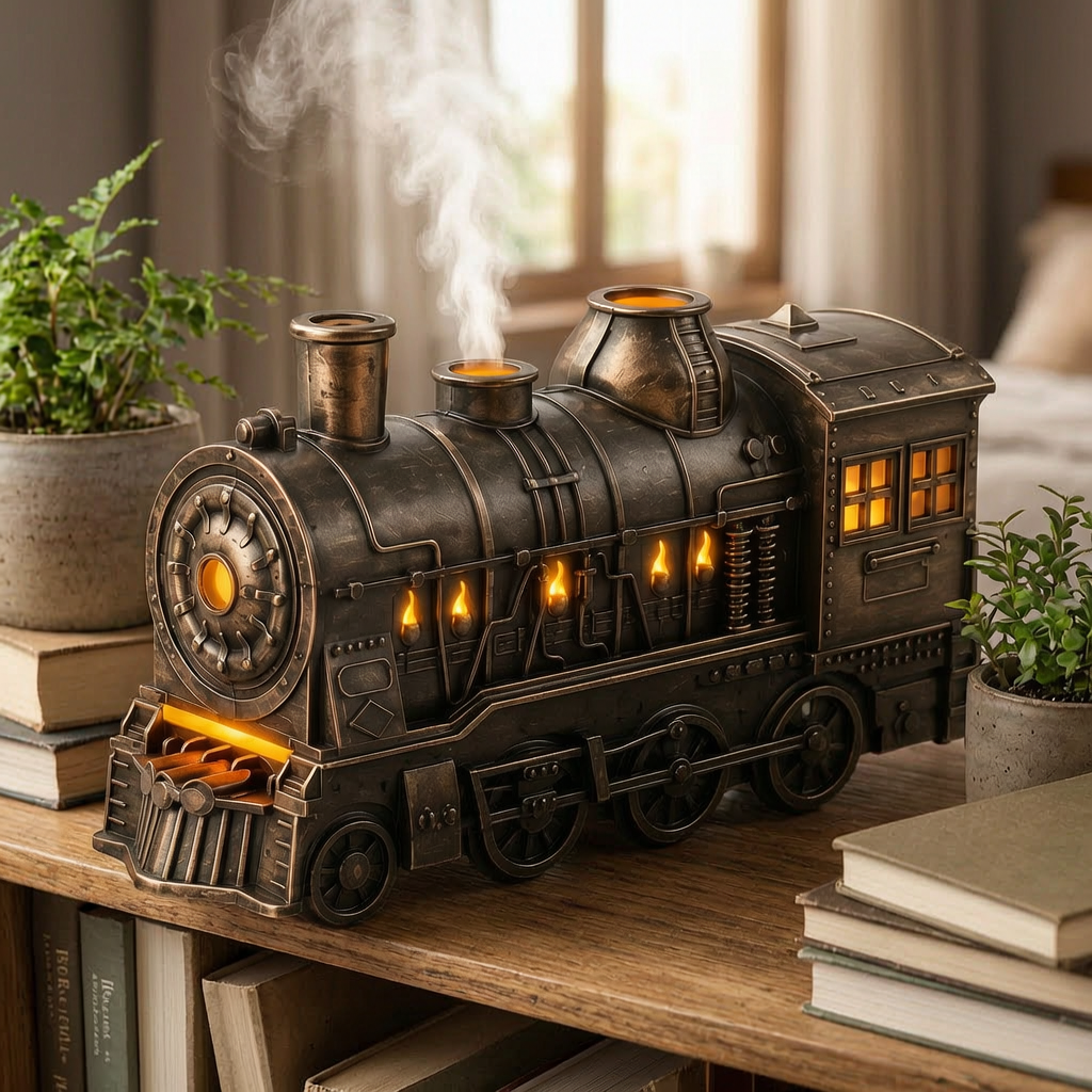 Humidificador con forma de locomotora en una estantería