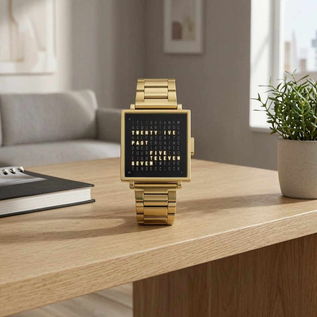 Reloj de palabras moderno en un escritorio