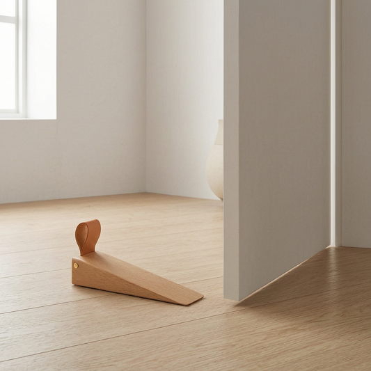 Tope de puerta de madera escandinavo sujetando una puerta