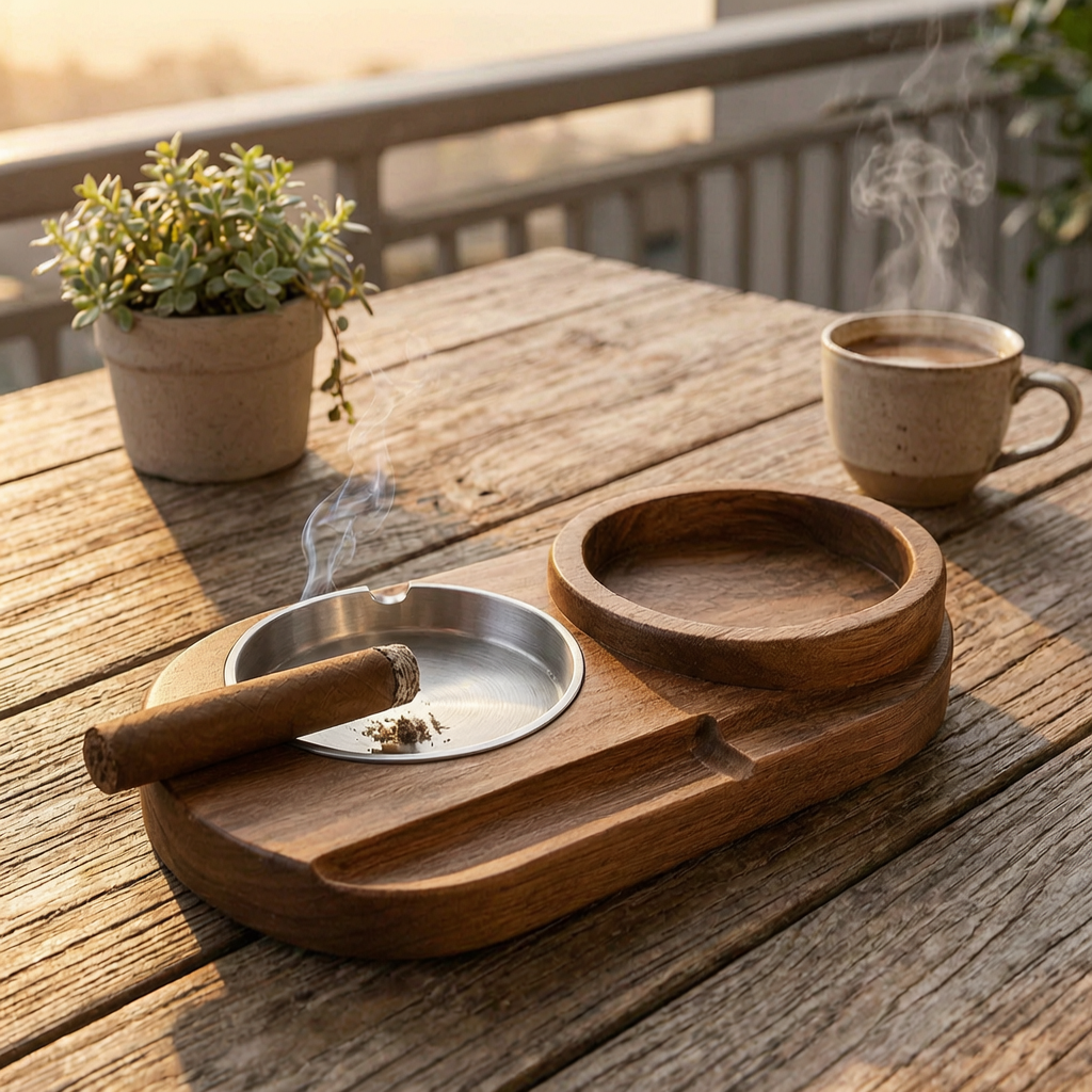 Cenicero con inserto metálico en una terraza