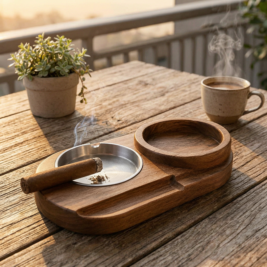 Cenicero con inserto metálico en una terraza