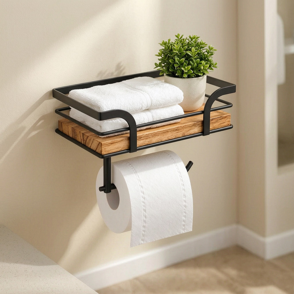 Estante de baño con toallero y toallas