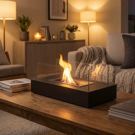 Chimenea portátil de sobremesa encendida en el salón