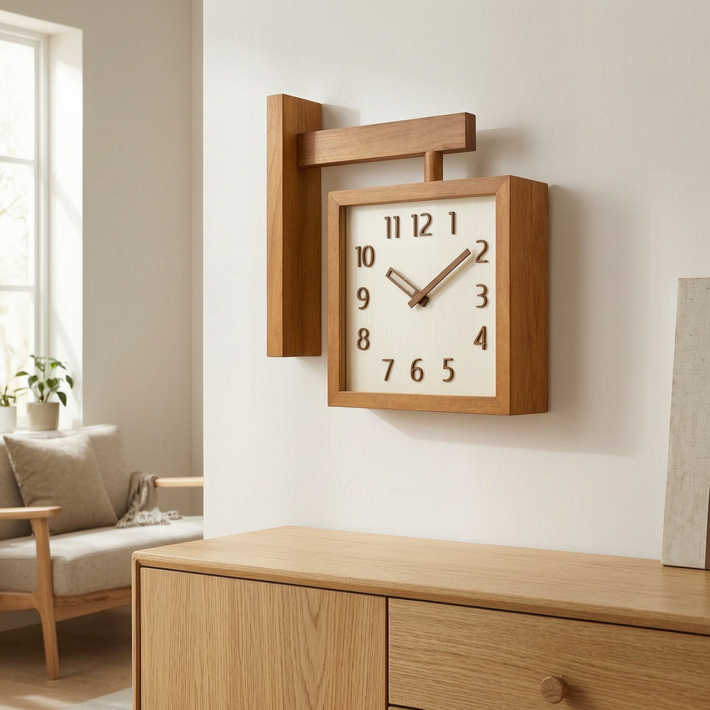 Reloj de pared de madera analógico en el salón