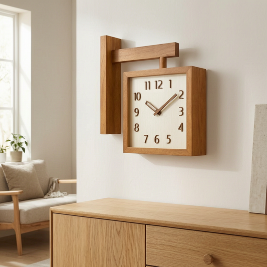 Reloj de pared de madera analógico en el salón