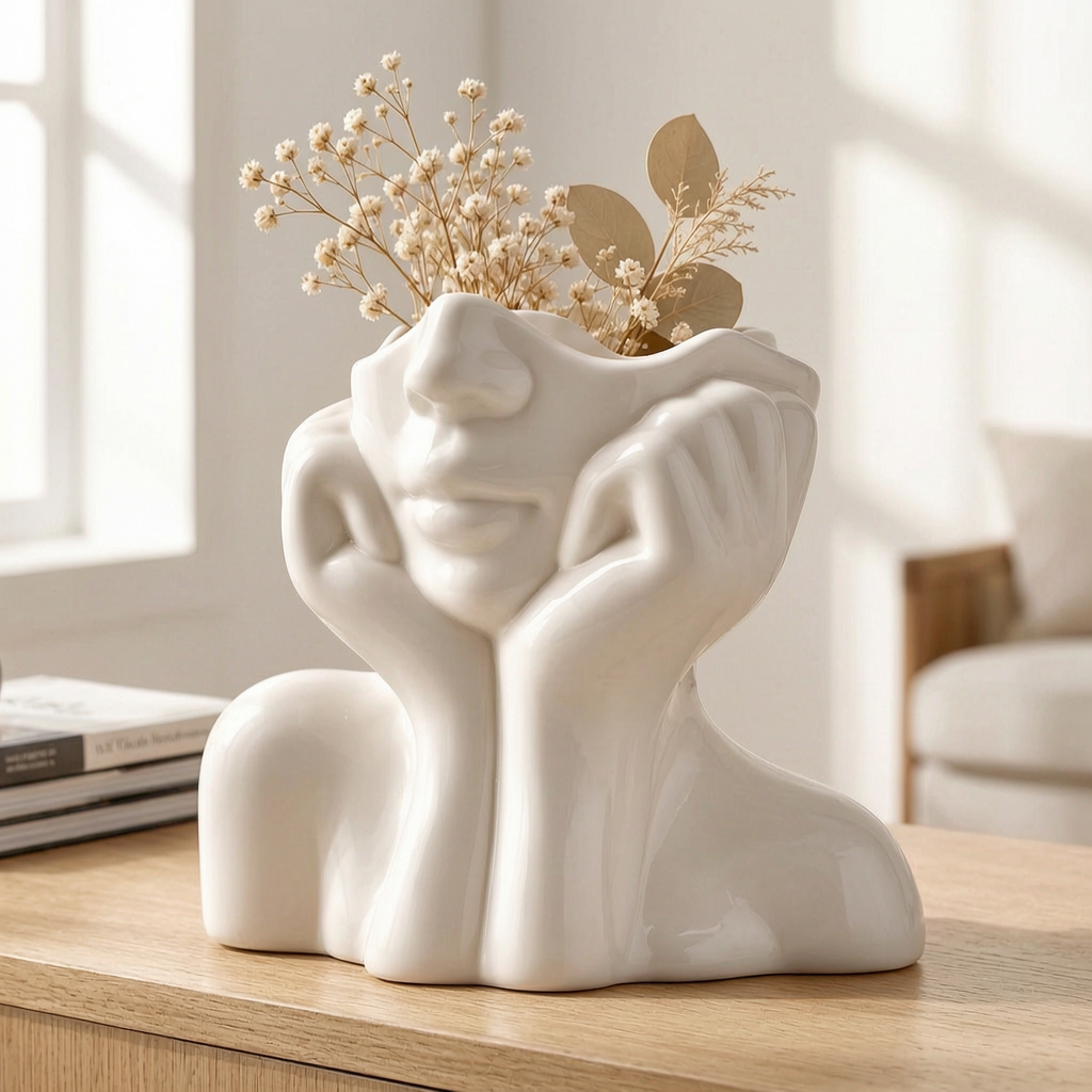 Jarrón decorativo con rostro esculpido y pampas