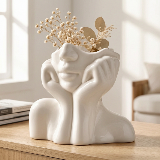 Jarrón decorativo con rostro esculpido y pampas