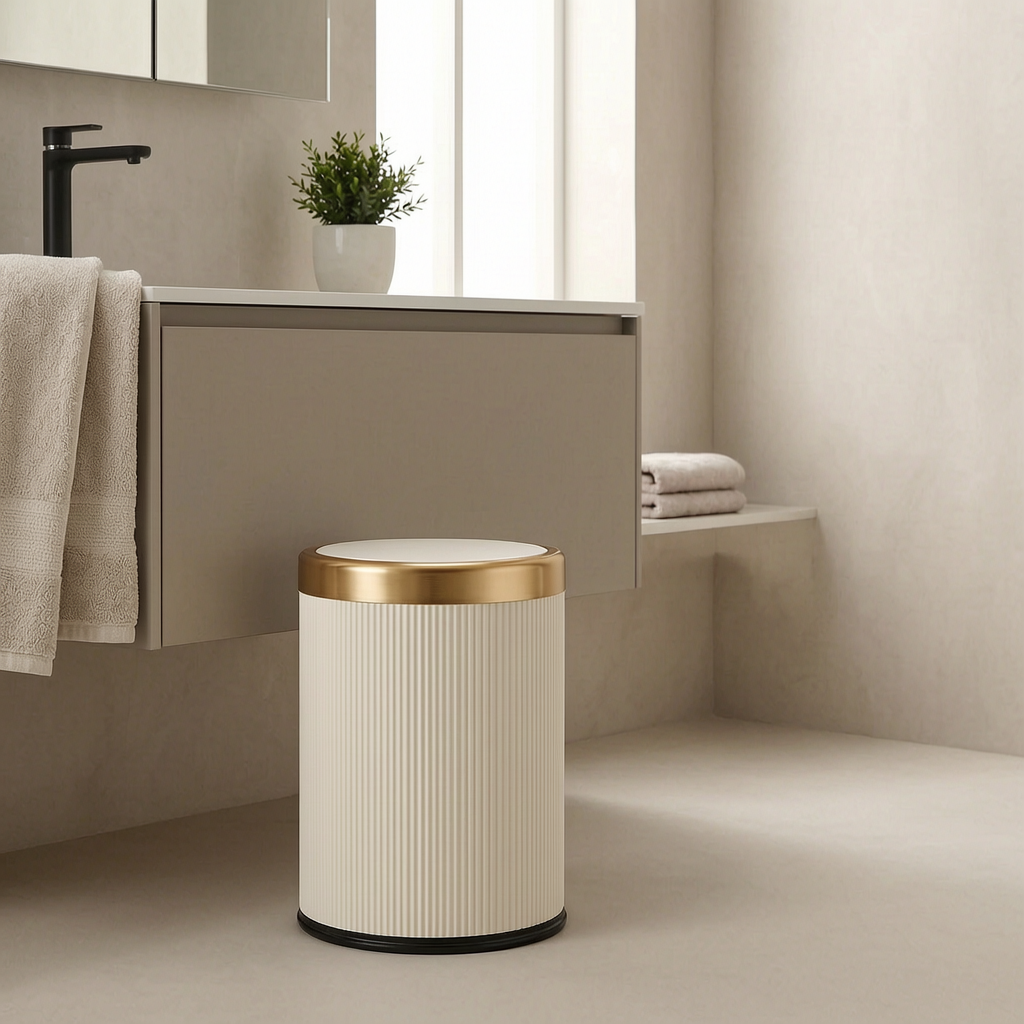 Papelera ovalada compacta junto al lavabo