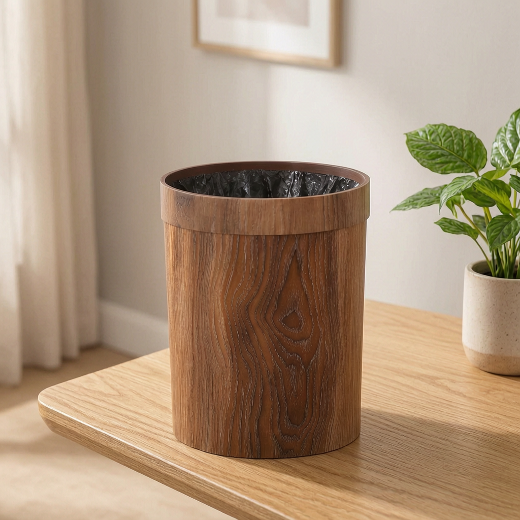 Papelera de madera compacta junto a un escritorio