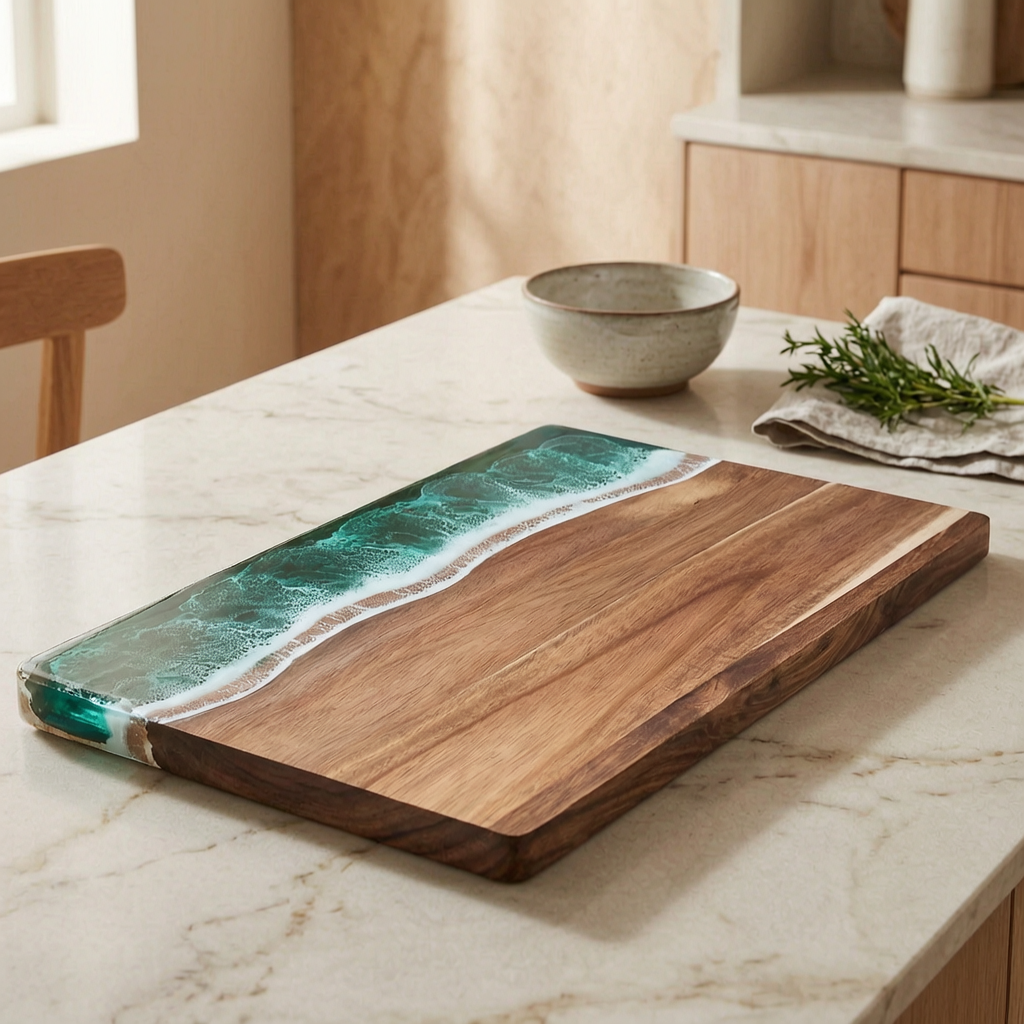 Tabla de cortar de resina con diseño de ola en una cocina luminosa