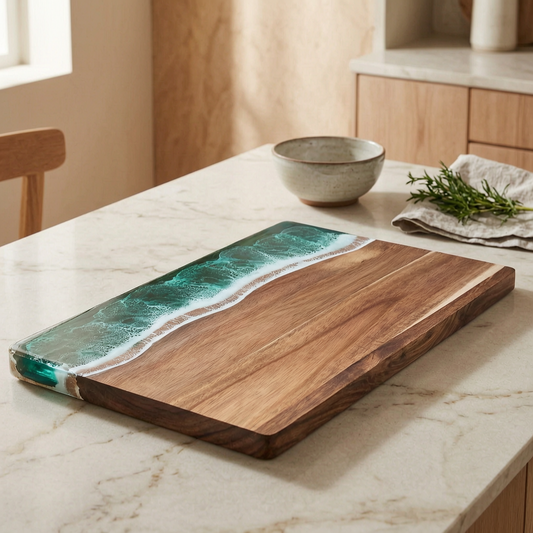 Tabla de cortar de resina con diseño de ola en una cocina luminosa