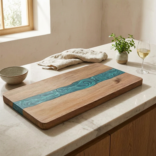 Tabla de cortar de resina para río en una cocina luminosa