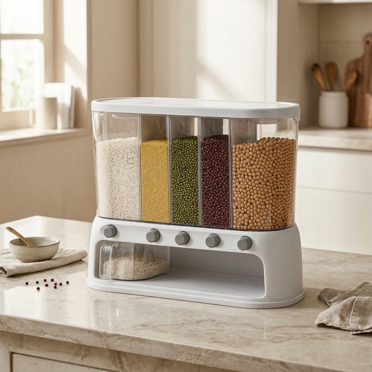 Contenedor de granos con compartimentos en una cocina luminosa
