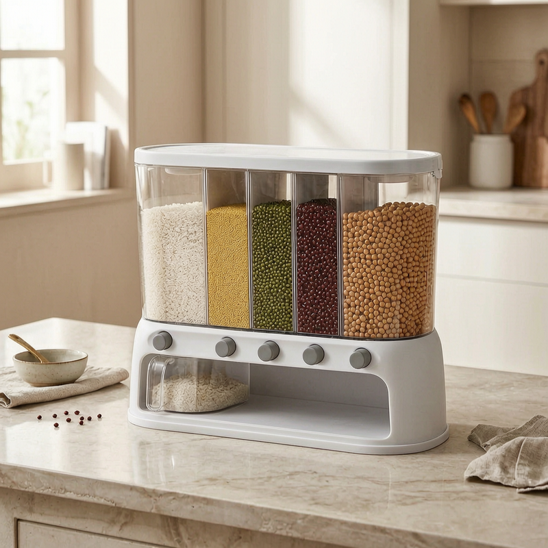 Contenedor de granos con compartimentos en una cocina luminosa