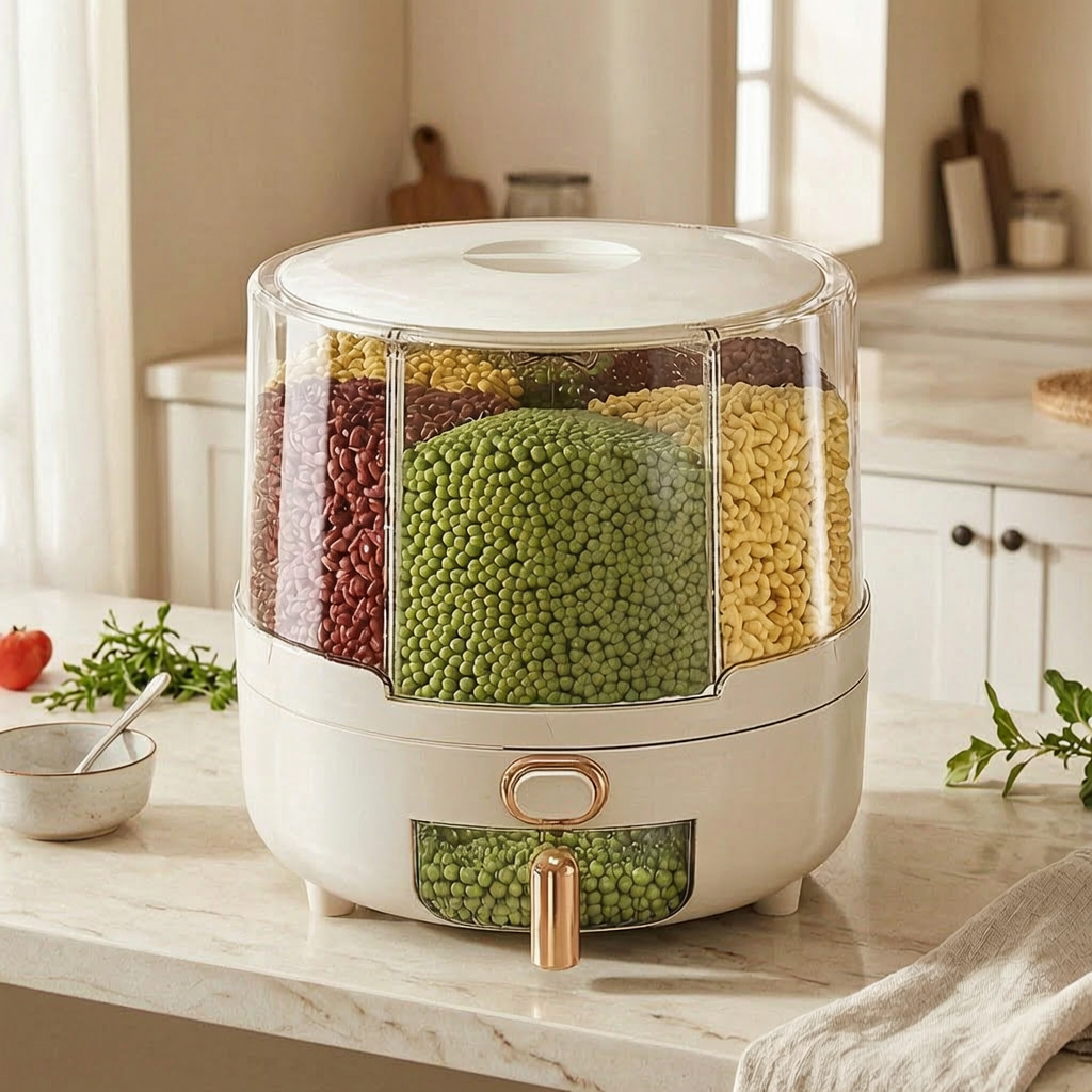 Recipiente hermético giratorio para alimentos en una cocina luminosa