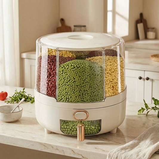 Recipiente hermético giratorio para alimentos en una cocina luminosa