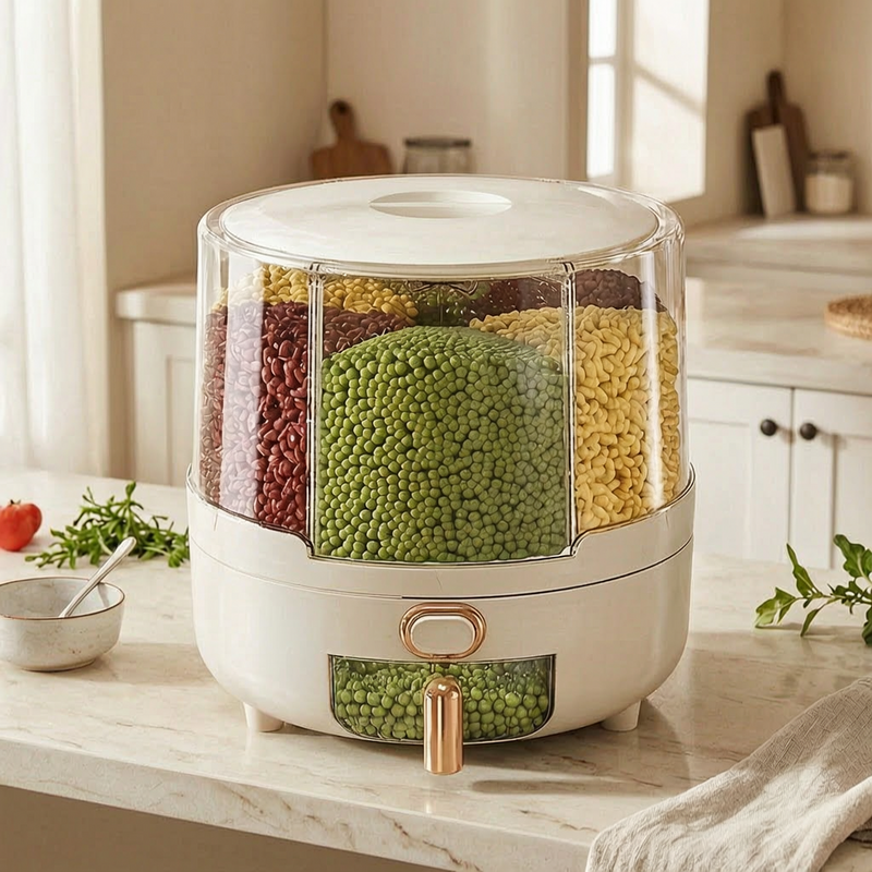 Recipiente hermético giratorio para alimentos en una cocina luminosa