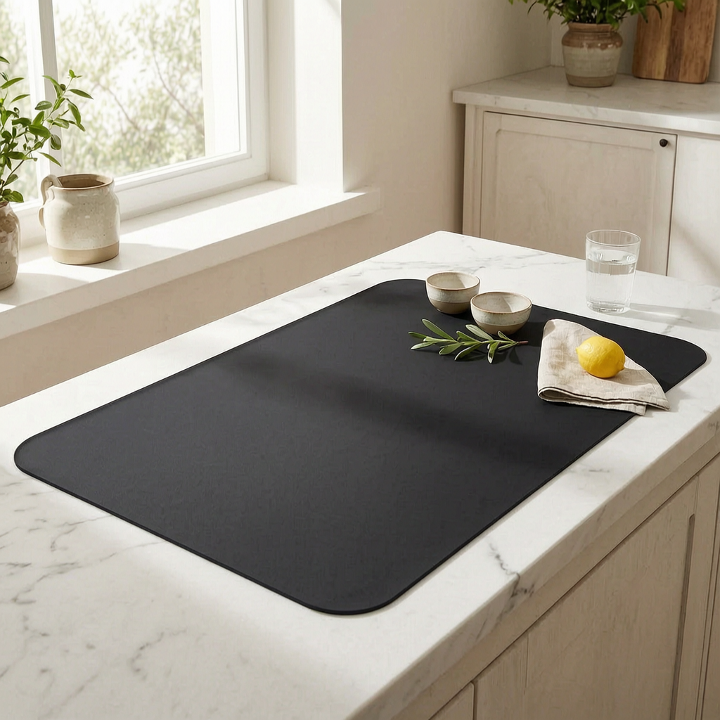 Alfombrilla absorbente para secar platos en una cocina luminosa