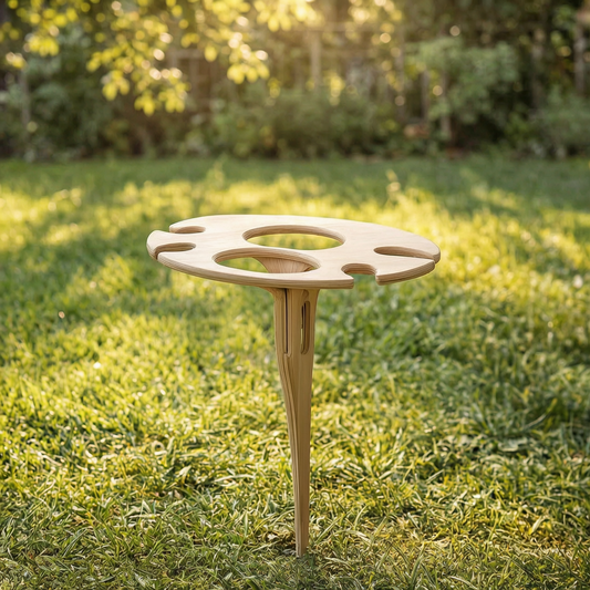 Soporte para vino de picnic con pincho en un jardín soleado