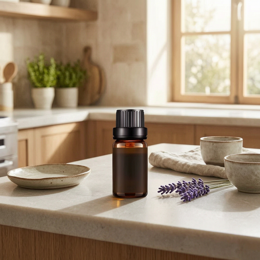 Aceites esenciales de 10 ml en una cocina luminosa