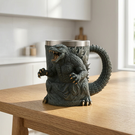 Taza de cerámica con figura de monstruo 3D en una mesa de desayuno
