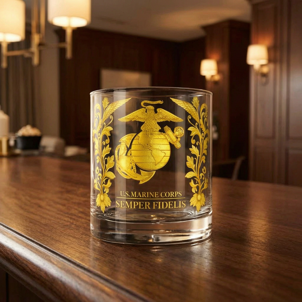 Vaso de whisky con relieve dorado en una barra de salón
