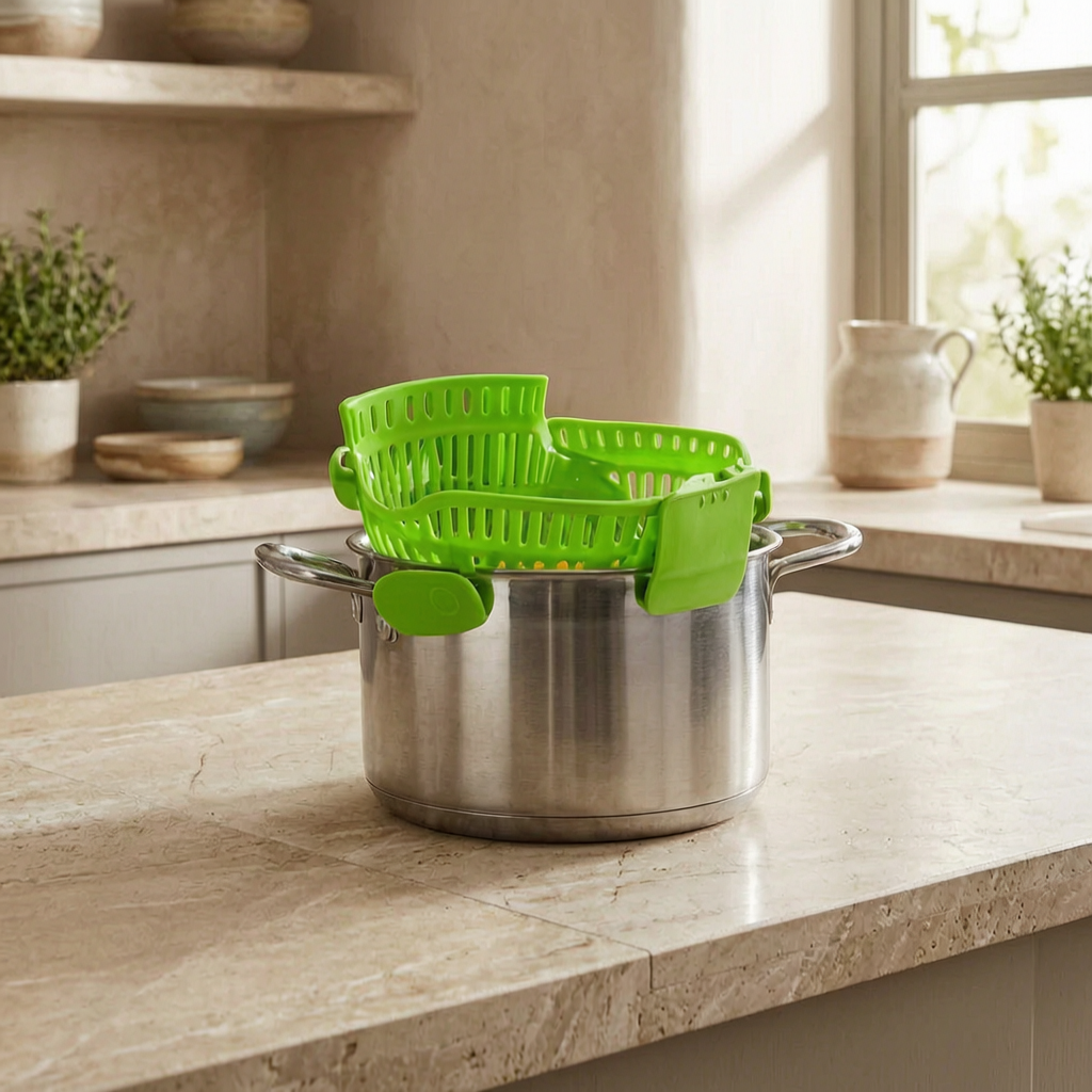 Colador de silicona con pinza en una olla en una cocina luminosa