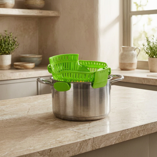 Colador de silicona con pinza en una olla en una cocina luminosa