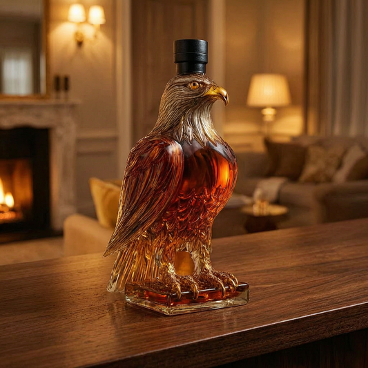 Decantador de whisky con forma de águila en una barra de salón
