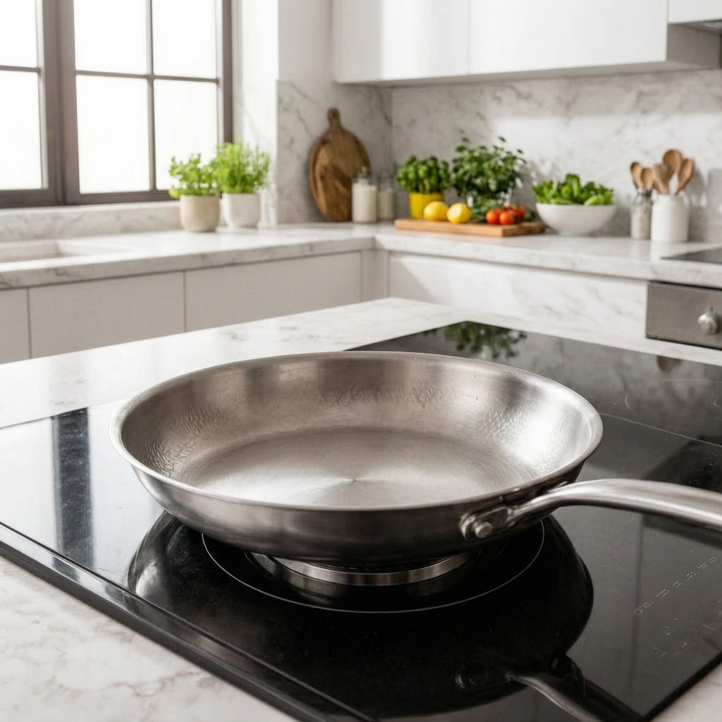 Sartén de titanio sobre la placa de una cocina luminosa
