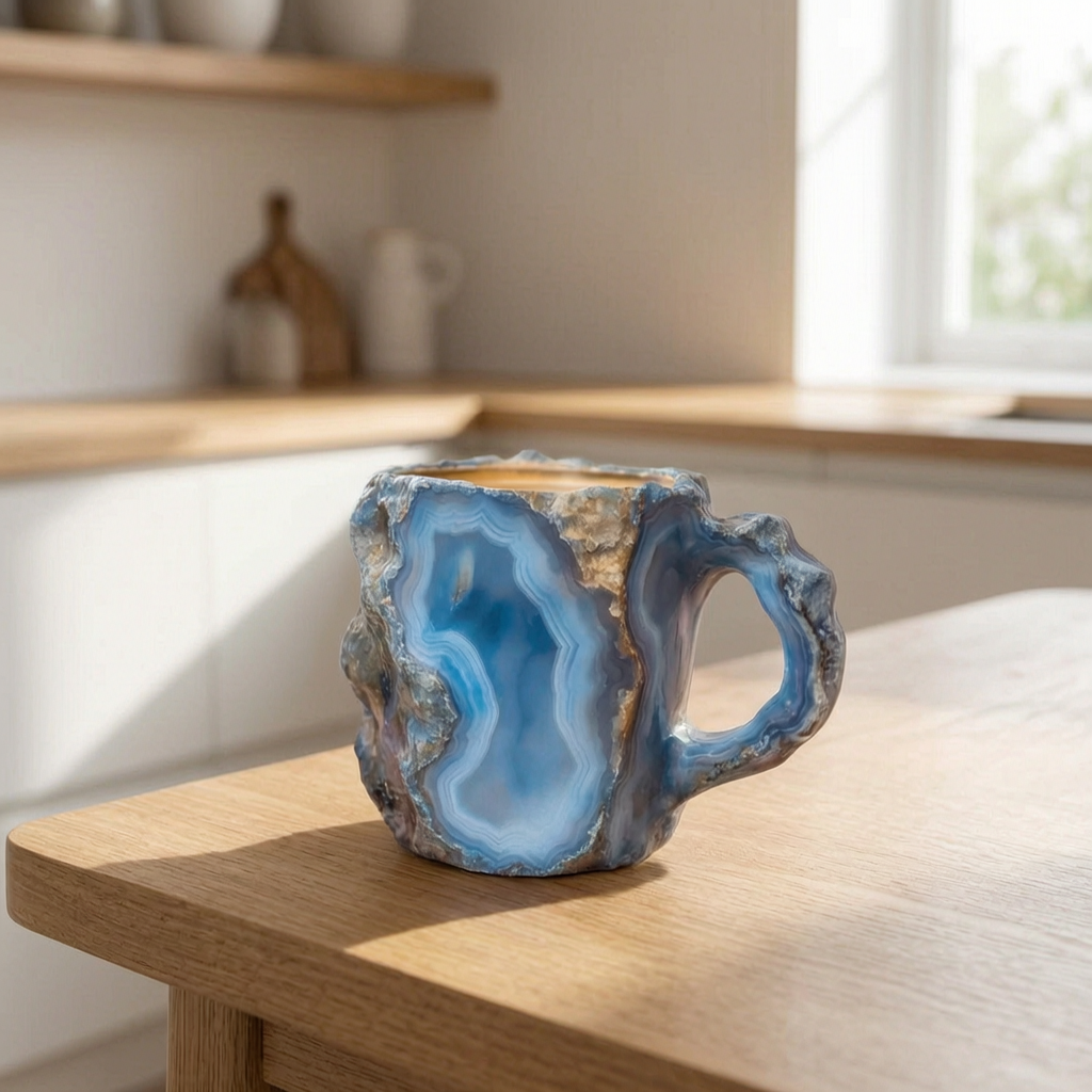Taza de café estilo piedra en una mesa de desayuno