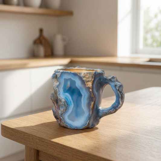 Taza de café estilo piedra en una mesa de desayuno