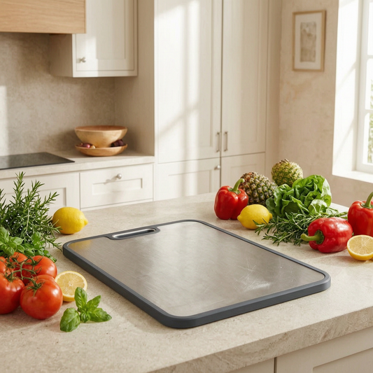 Tabla de cortar de metal de doble cara en una cocina luminosa