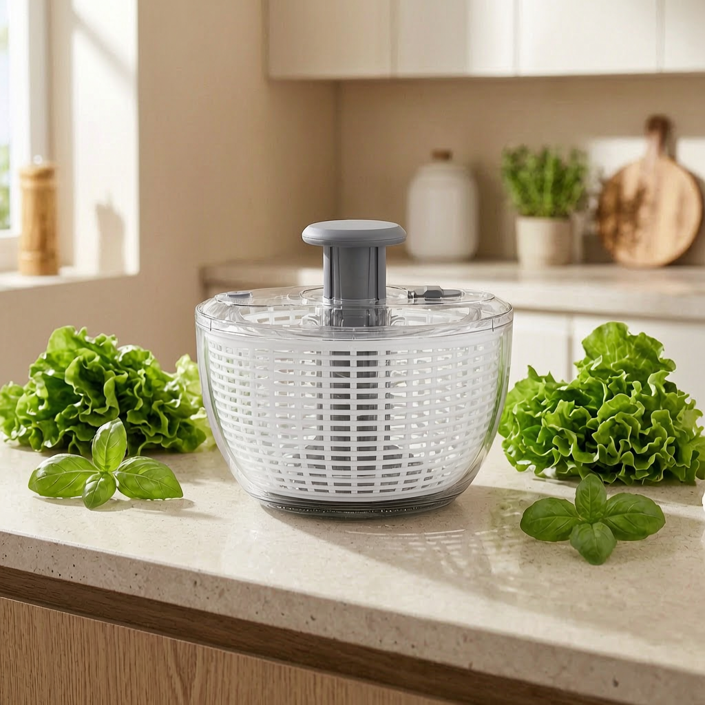 Centrifugadora para ensaladas en una cocina luminosa