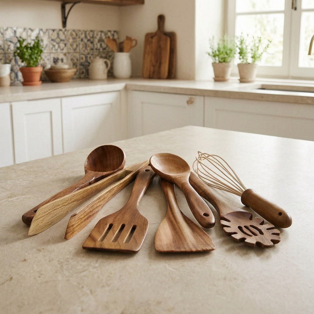 Juego de utensilios de cocina de madera en una cocina luminosa